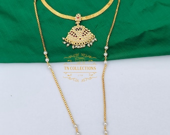 Micro Gold-Plated Traditional Pearl Attiyal Pathakkam semi bridal set Southindian wedding jewellery