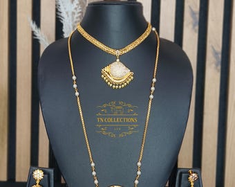 Mikro-vergoldetes traditionelles Brautschmuckset im südindischen Stil / Sangu-Design, Modeschmuck