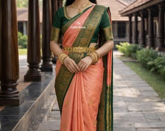 Luxuriöser, zweifarbiger Korvai Kottanji Saree aus weicher Seide - Südindische Hochzeit, Damenbekleidung