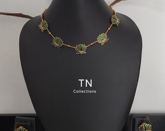 Simple Matte Finish Lotus Choker Necklace with earrings