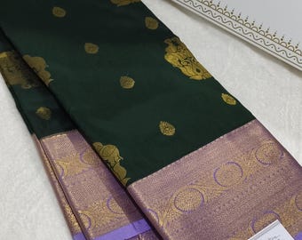 Premium Kanchi Semi Silk Saree Southindian womens wedding bridal wear ethnic wear pattu sari Dark green