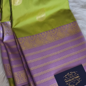 Kanchi Silk Saree: Light Green & Lavender, Contrast Blouse