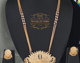Micro Vergoldeter Lotus / Patakkam mit Doppelschicht Perlenkette Südindischer Schmuck