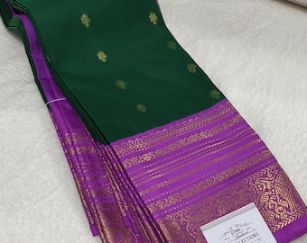 Premium kanchi semi Silk Saree Southindian womens traditional wedding ethnic wear pattu sari Green with Pink