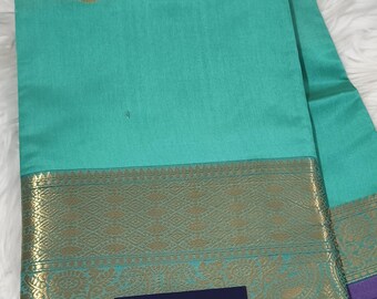 Shining Soft Silk Saree: Golden Zari Border, Contrast Pallu Southindian wedding wear sari gift festive