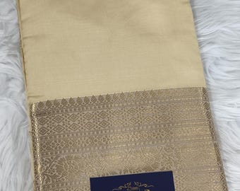 Shining Soft Silk Saree: Golden Zari Border, Contrast Pallu Southindian wedding wear sari cream off white beige