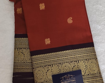 Vintage Premium Kanchi Halbseiden-Sari, Rostorange mit Kaffeebraun, südindische, trendige, traditionelle ethnische Kleidung, Pattu-Sari