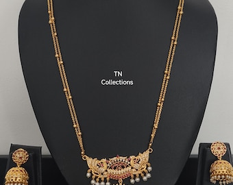 Gold Plated Indian Bridal Jewelry Set: Pathakkam Necklace, Choker & Earrings