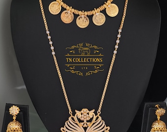 Halb-Brautschmuckset im traditionellen Pfauen-Design, mikrovergoldet, Pathakkam, südindischer Hochzeitsschmuck