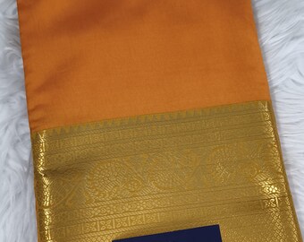 Shining Soft Silk Saree: Golden Zari Border, Contrast Pallu Southindian wedding wear sari Mango yellow