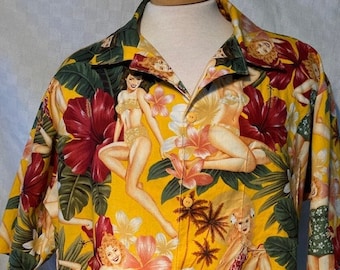 Handmade Wearable Art Aloha Unisex shirt with bikini clad girls and flowers in Extra Large, XL