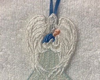Handmade Freestanding Lace Machine Embroidered Angel Holding Baby Boy