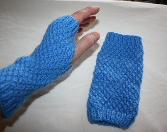 Hand Knitted Unisex Blue Textured Fingerless Gloves