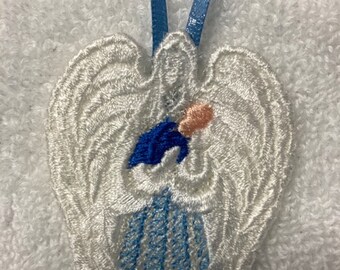 Handmade Freestanding Lace Machine Embroidery Angel Holding Baby Boy
