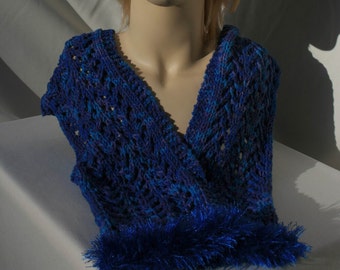 Hand knitted royal blue scarf with faux fur trim