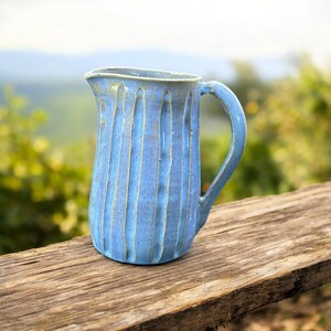 Handthrown Blue Stoneware Pitcher | Wheel‑Thrown Ceramic Jug with Carved Vertical Ridges | Functional Pottery | Dishwasher & Microwave Safe