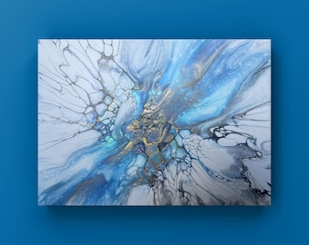 Pintura acrílica original y única sobre lienzo, 30x24cm, abstracto azul, técnica de vertido fluido, perfecta para la decoración moderna de paredes.