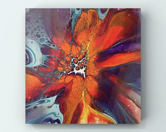 Pintura acrílica original y única sobre lienzo de 20x20 cm, realizada con la técnica de vertido fluido, para una decoración de pared moderna, abstracta y colorida.