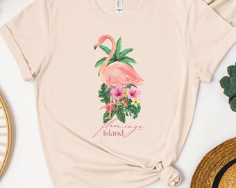 Flamingo Island Beach PNG : Graphismes rétro estivaux (Téléchargement numérique, 4000 x 4000 px