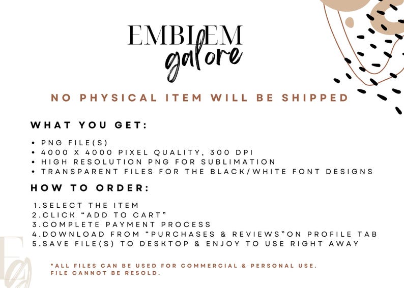 May include: A digital download listing for a set of PNG files. The listing includes a black and white font design, a high-resolution PNG for sublimation, and a 4000 x 4000 pixel PNG. The text on the image reads "EMBIDEM galore" and "NO PHYSICAL ITEM WILL BE SHIPPED".