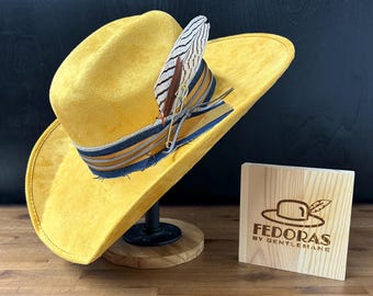 Vegan Suede Mustard Cowboy Hat – Denim Band with Feathers and Brushed Gold Accent - Size: L - 22 5 Inch