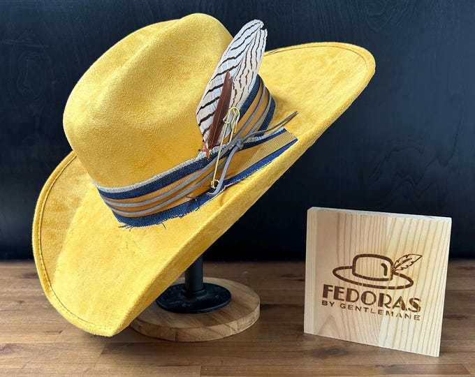 Featured listing image: Vegan Suede Mustard Cowboy Hat – Denim Band with Feathers and Brushed Gold Accent - Size: L - 22 5 Inch