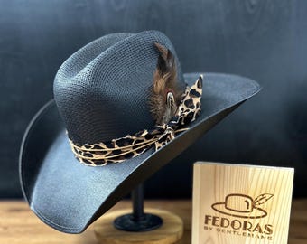 Black Straw Cowboy Hat – Cheetah Print Band with Feathers - Size: M - 22.25 Inch