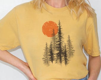 Kiefernbaum-Shirt, Sonnenuntergang, Retro-Grafik-T-Shirt, Unisex, Komfortfarben