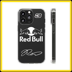 Könnte beinhalten: Eine transparente Handyhülle mit schwarzem Hintergrund und einem weißen Red Bull Logo. Die Hülle hat außerdem eine weiße Signatur und die Zahl "3" in Weiß.
