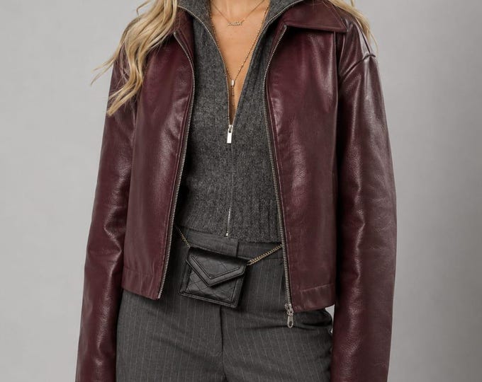 Women's Maroon Lambskin Bomber Jacket – Oversized Collar Wine Zip Coat, Gift for Her