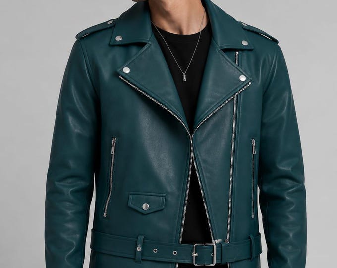 Men's Dark Green Leather Biker Jacket – Asymmetric Lapel Moto Coat, Handmade Gift for Him