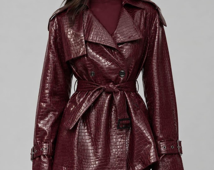 Women's Maroon Lambskin Leather Trench Coat – Slim Fit Genuine Handmade Belted Outerwear