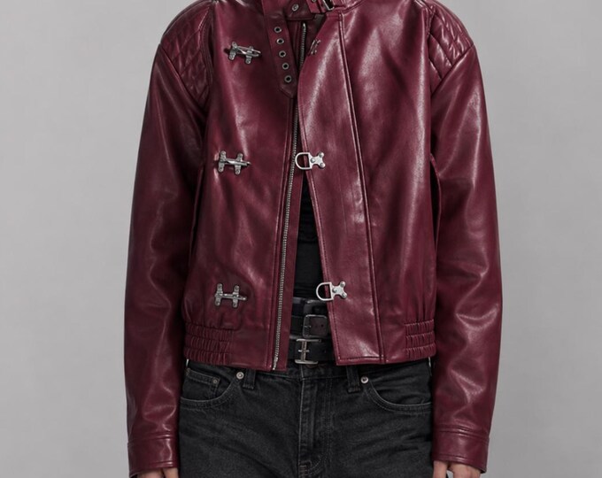 Women's Maroon Lambskin Moto Jacket – Buckle Stand Collar Biker Coat, Gift for Her