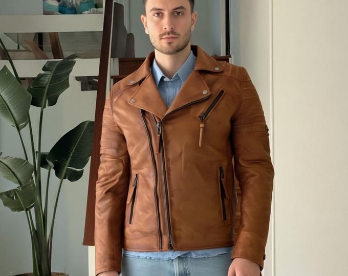 Men's Tan Leather Cross Zip Biker Jacket – Matte Cognac Moto Coat, Gift for Him