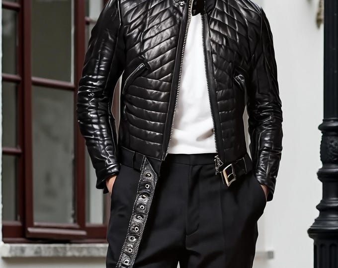 Men's Black Quilted Padded Leather Jacket – Glossy Puffer Style Winter Coat, Gift for Him