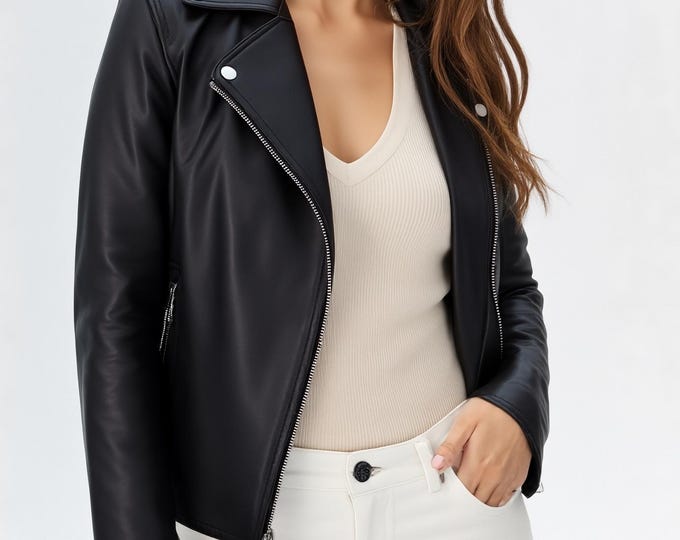 Women's Black Sheepskin Biker Jacket – Wide Lapel Asymmetric Moto Coat, Gift for Her