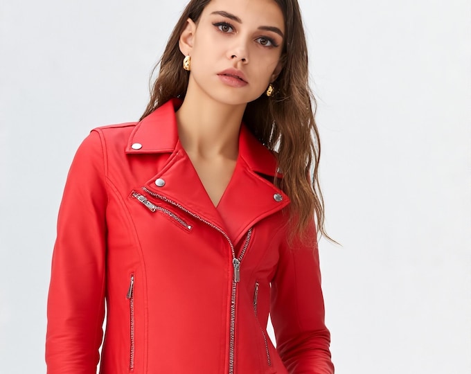 Women's Bright Red Sheepskin Biker Jacket – Cropped Asymmetric Moto, Gift for Her