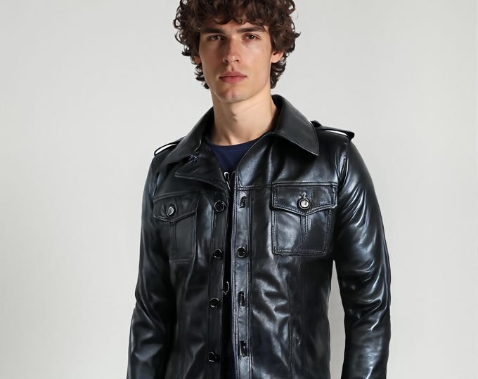 Men's Black Glossy Leather Trucker Jacket – Turn Down Collar Snap Front, Gift for Him