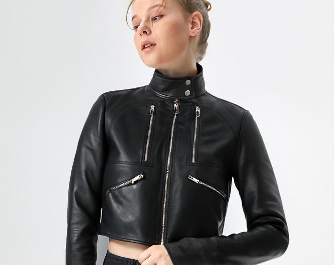 Women's Black Lambskin Cropped Bolero Jacket – Zip Detail Short Moto, Gift for Her