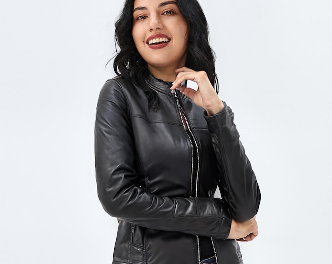 Women's Black Leather Collarless Racer Jacket – Zip Front Slim Moto, Gift for Her