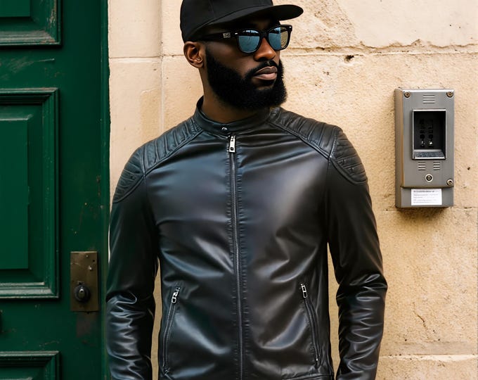 Men's Black Lambskin Leather Jacket – Stand Collar Slim Racer Coat, Gift for Him