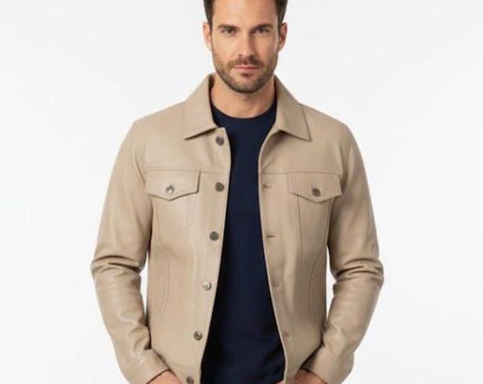 Men's Beige Lambskin Leather Trucker Jacket – Soft Tan Casual Coat, Handmade Gift for Him