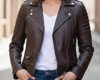 Handgemaakte bruine leren bikerjas voor dames, slim fit motorjas