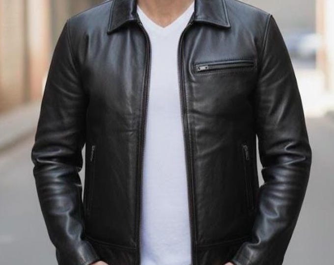 Men's Black Leather Harrington Jacket – Classic Custom Fit Genuine Coat, Gift for Him