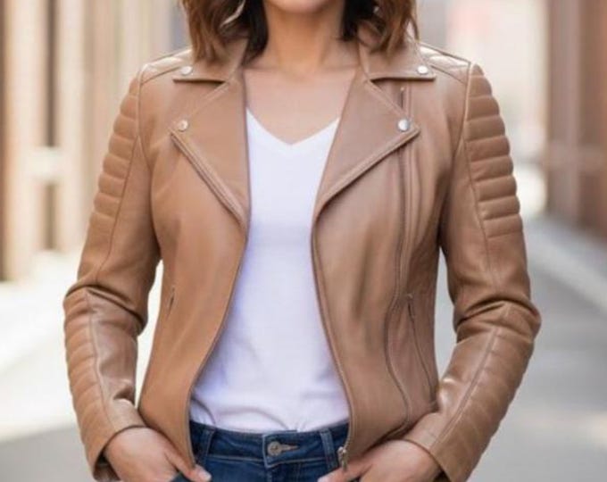 Women's Black Leather Motorcycle Jacket – Asymmetric Zip Slim Biker Coat, Gift for Her