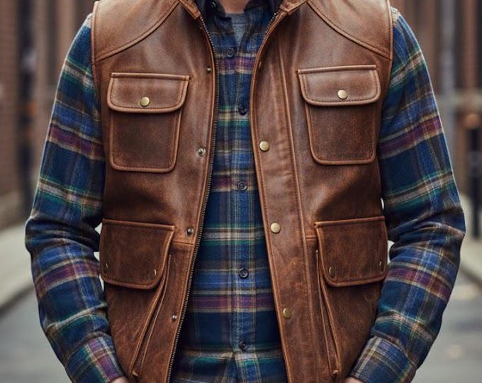 Men's Leather Utility Vest – Slim Fit Cargo Pocket Biker Waistcoat, Handmade Gift for Him
