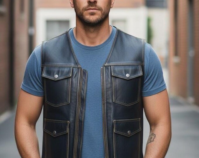 Men's Blue Distressed Leather Biker Vest – Vintage Motorcycle Riding Waistcoat, Gift for Him