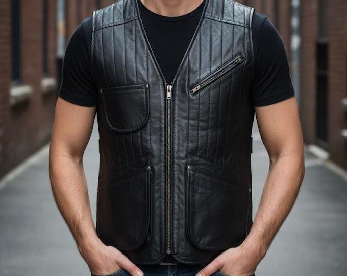 Men's Black Quilted Leather Vest – V Neck Fitted Biker Waistcoat, Handmade Gift for Him