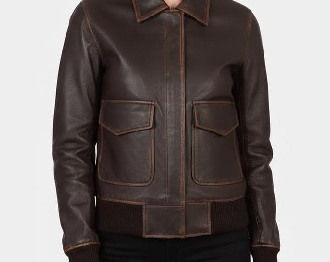 Women's Dark Brown Lambskin Bomber Jacket – Aviator Collar Flight Coat, Gift for Her