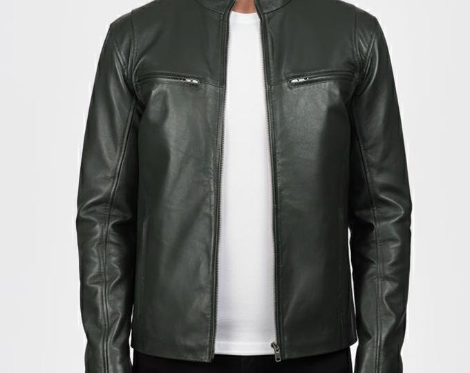 Men's Dark Green Lambskin Cafe Racer Jacket – Band Collar Moto Coat, Gift for Him